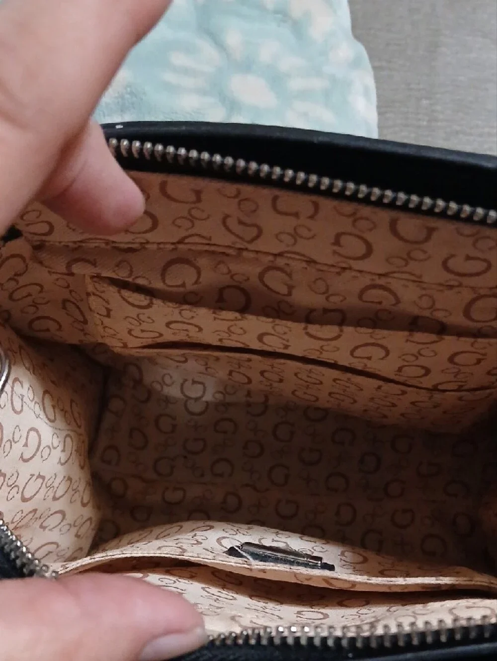 Guess Black Logo-Pattern Satchel with Silver Triangle Emblem